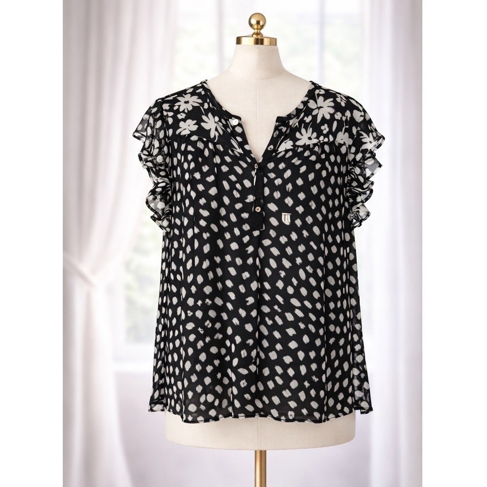 New Cupcakes and Cashmere Black White Ruffle Sleeve Top Chiffon Overlay Size S